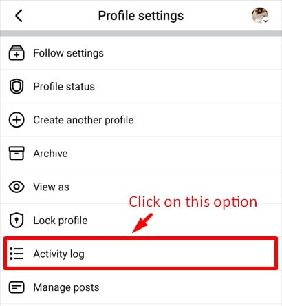 Activity log option in Facebook profile settings