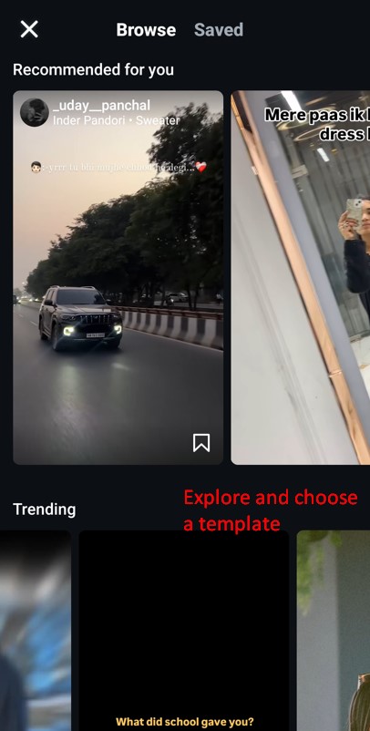 Find reel templates from recommended, trending, and saved templates on Instagram