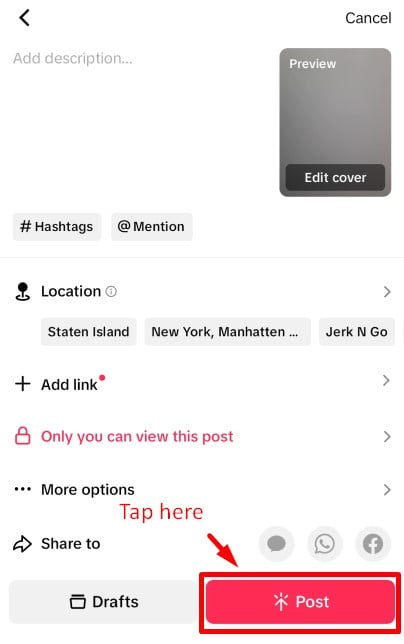 Tap on the Post button to save TikTok draft to camera roll