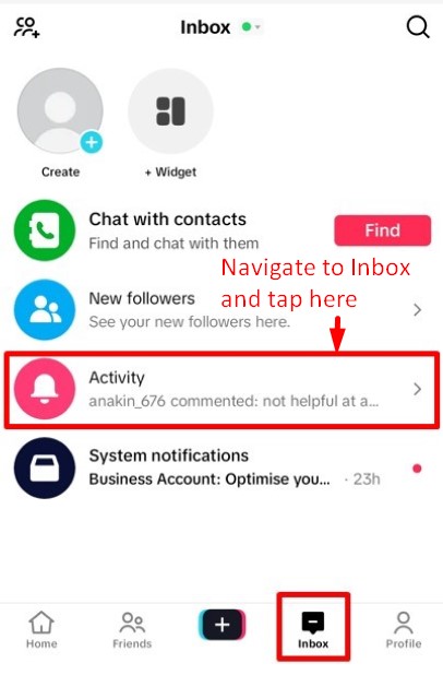 Inbox section in TikTok app