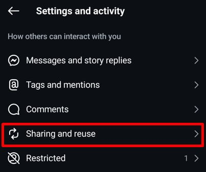 Find Sharing and reuse option in Instagram settings