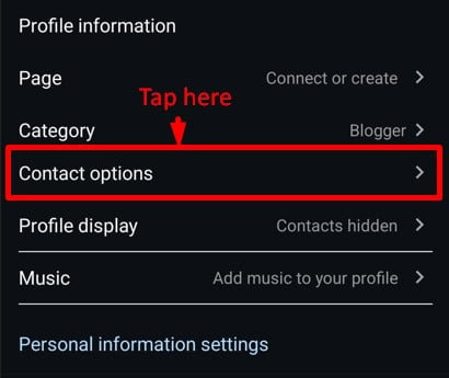 Accessing 'Contact options' for changing the Email shown in the Instagram bio