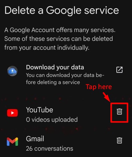 List of google services: click on bin icon to delete YouTube channel