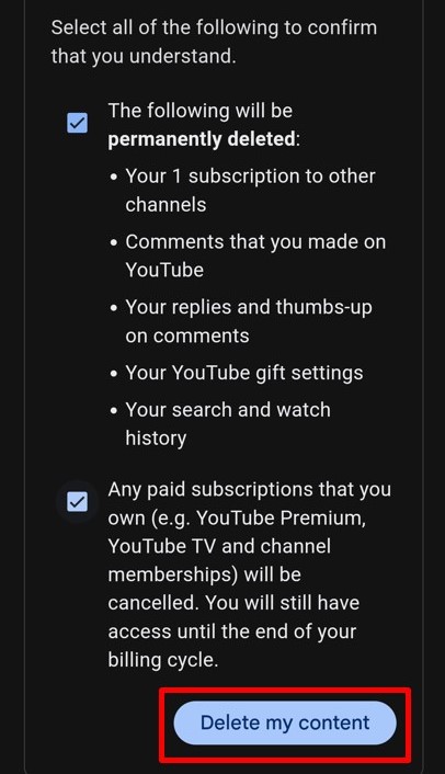 Check boxes to delete YouTube channel