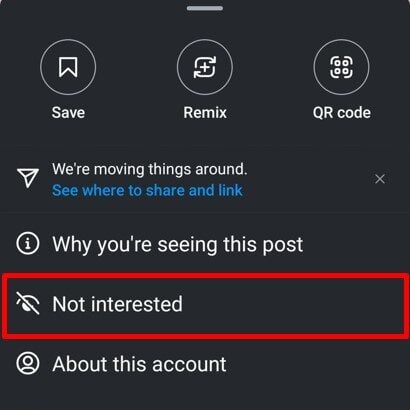 Click Not interested option to remove post from feed