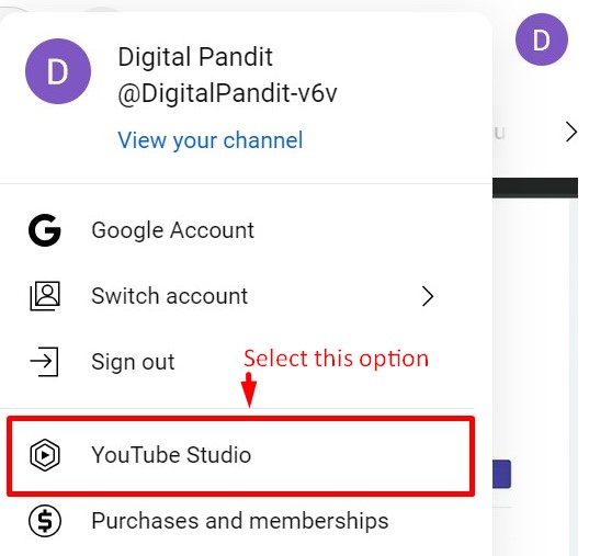 YouTube Studio option in the drop down menu