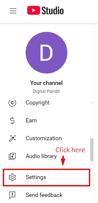 Settings option in YouTube Studio