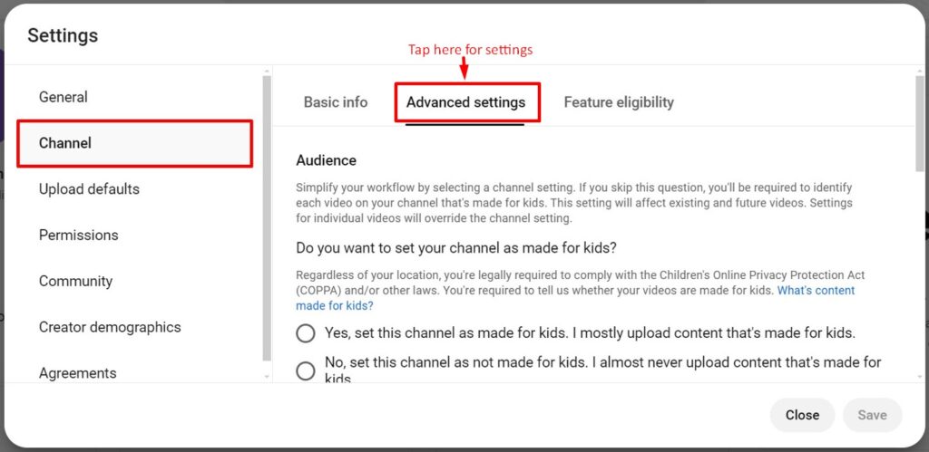 Advanced settings in Channel tab