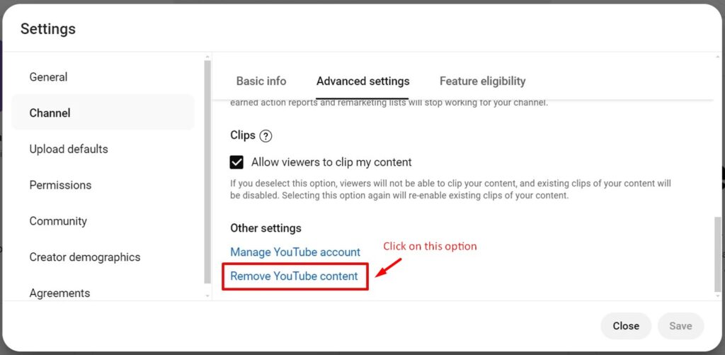 Remove YouTube content option at the bottom in Other settings