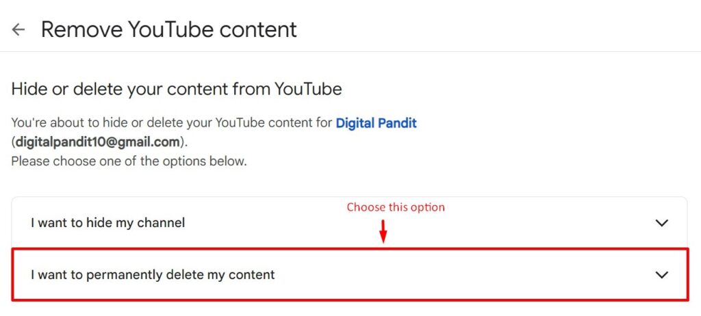 Hide or delete your content option in Remove YouTube content tab