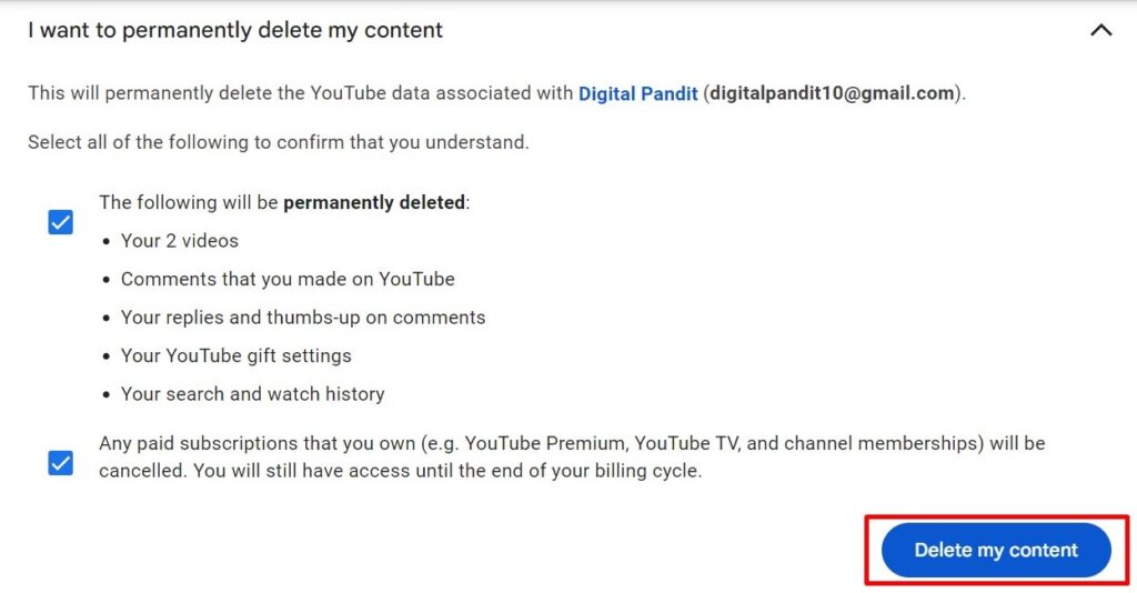 available actions to delete YouTube content