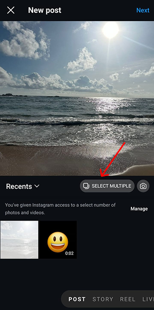 Selecting multiple photos in Instagram