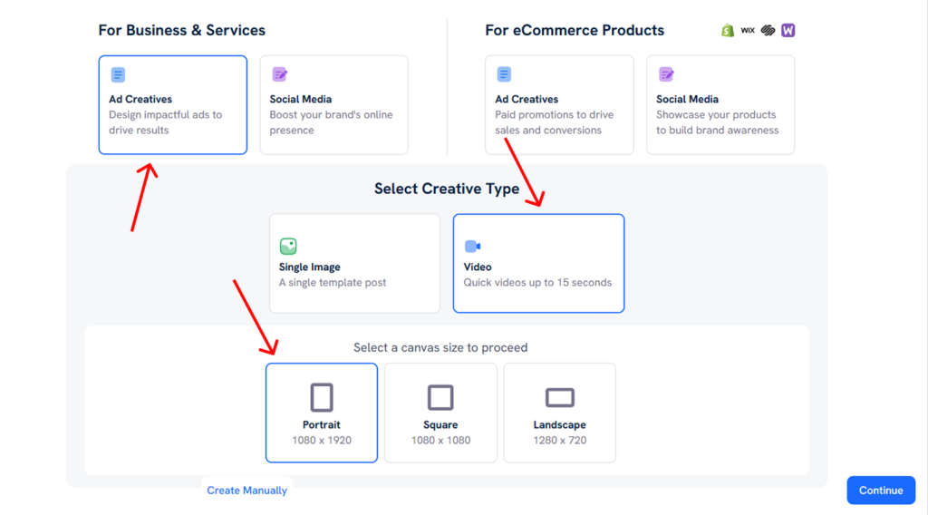 Choose the type of creative you want to make with Predis AI