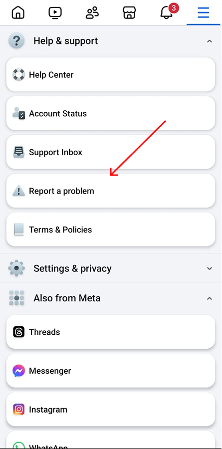 Report a problem in Facebook