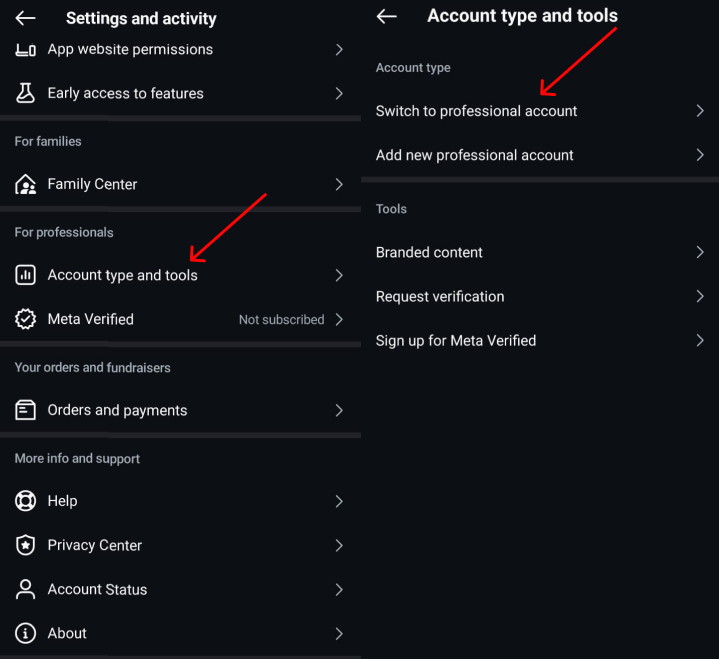 Switching to professional account in Instagram