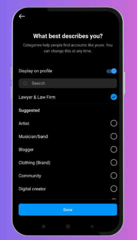 Select 'Lawyer & Law Firm' on Instagram