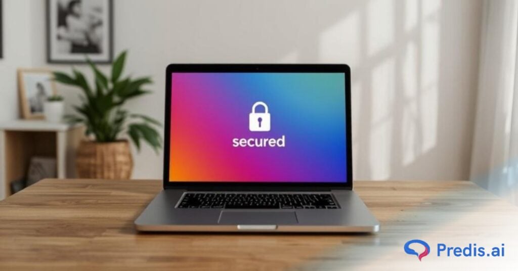 Laptop screen displaying a lock and the text 'secured'