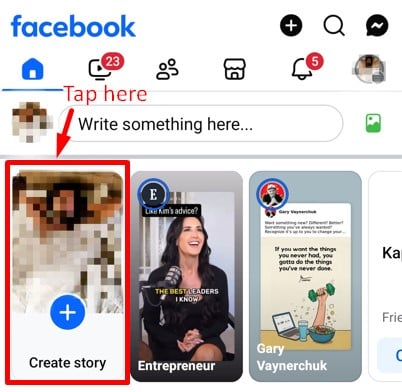 Create story button at the top of your Facebook home page feed