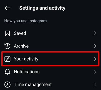 Your activity option in the Instagram settings tab