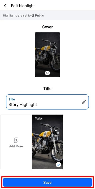 Highlight editing tab for changing cover and title of the Facebook highlight