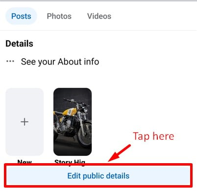 Edit public details option on the Facebook profile page