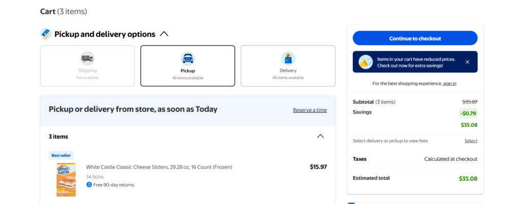 Walmart's shopping cart page