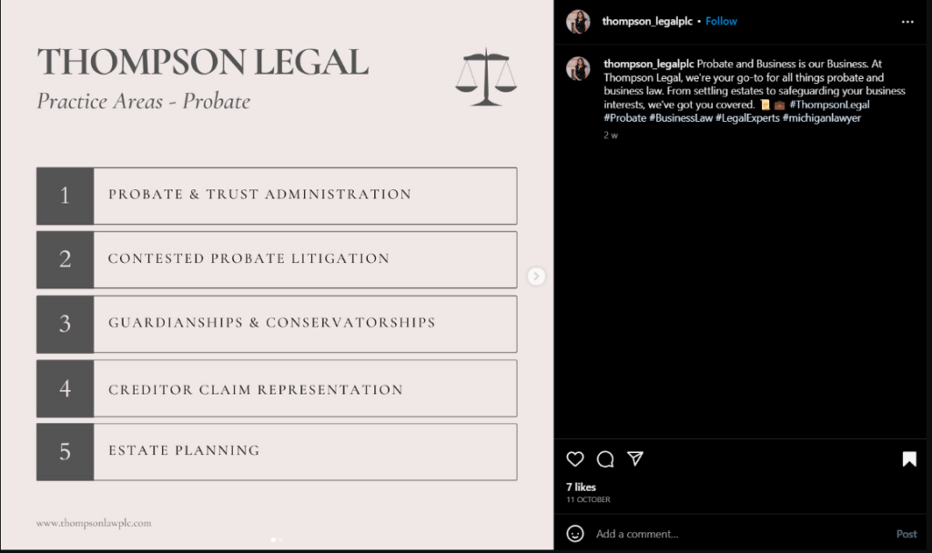 The first slide of the carousel showcases one area of the law firm’s practice