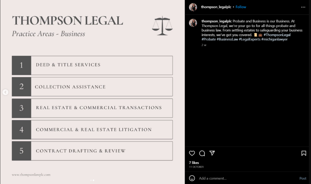 The second slide displays the other areas of practice in the law firm
