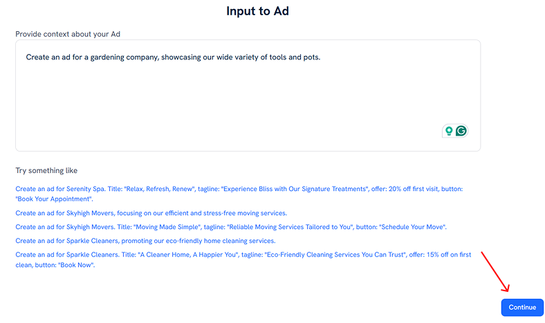 Inputting details regarding the ad in Predis AI