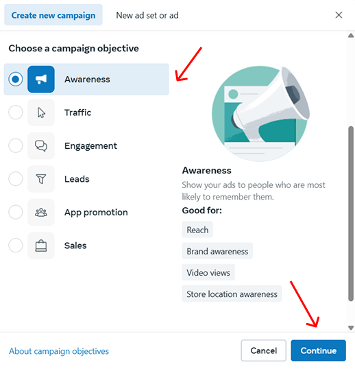 Choosing objective on Facebook ads manager