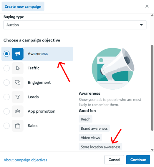 Awareness objective in the Facebook Ads manager
