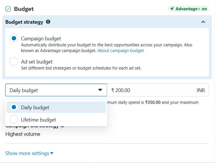 Budget setting in Facebook ads manager
