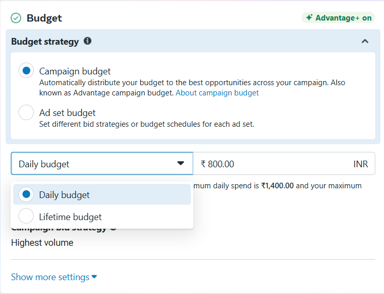 Setting an ad budget in Facebook ad manager