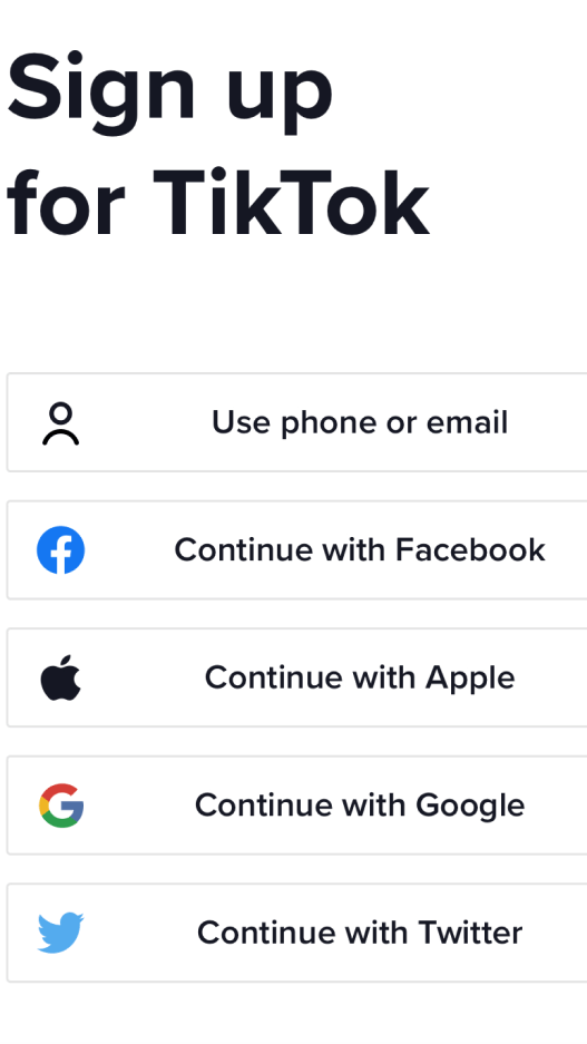 Sign up page for TikTok