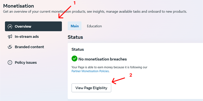 Monetisation eligibility checking in Meta business suite