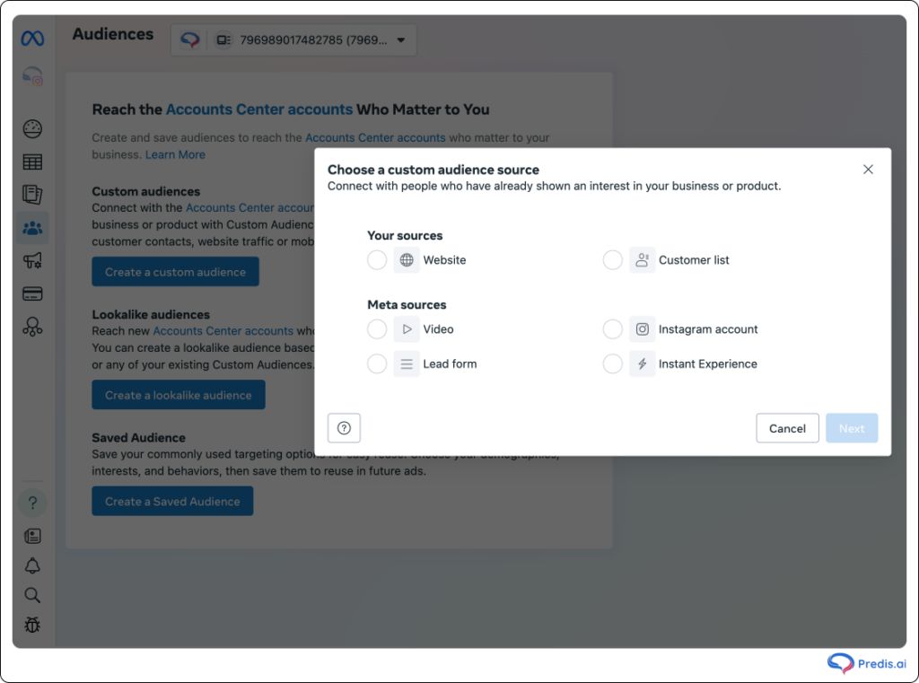 select source on meta ads manager