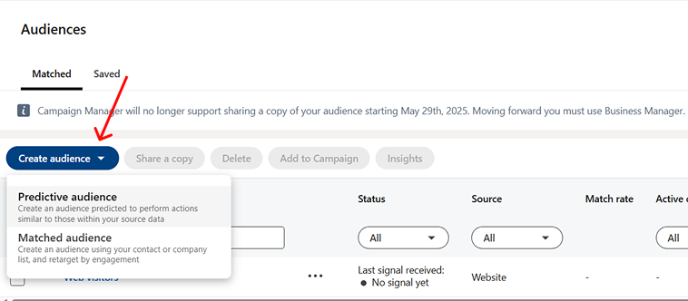 Predictive audience option in LinkedIn ad manager