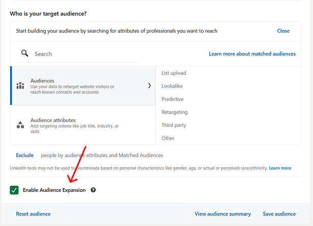Switching off audience expansion on LinkedIn