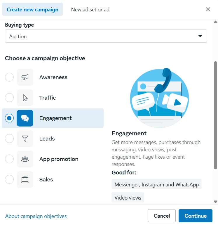 Engagement option in Facebook ads manager