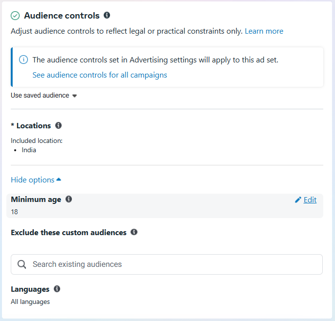 Audience control settings in Facebook ads manager