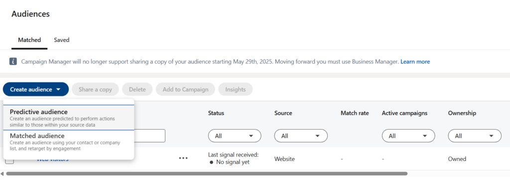 Choose matched audience when creating an audience
