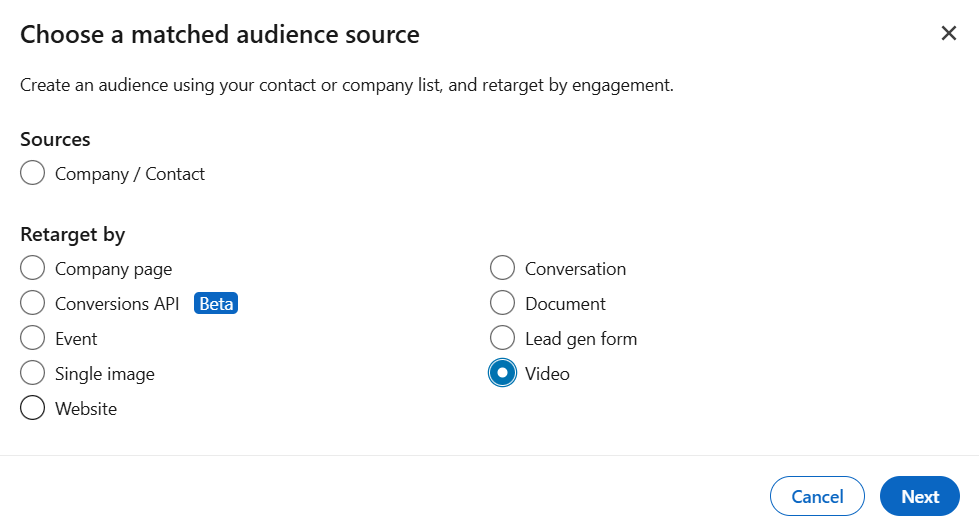 Choosing a source for matched audience in LinkedIn