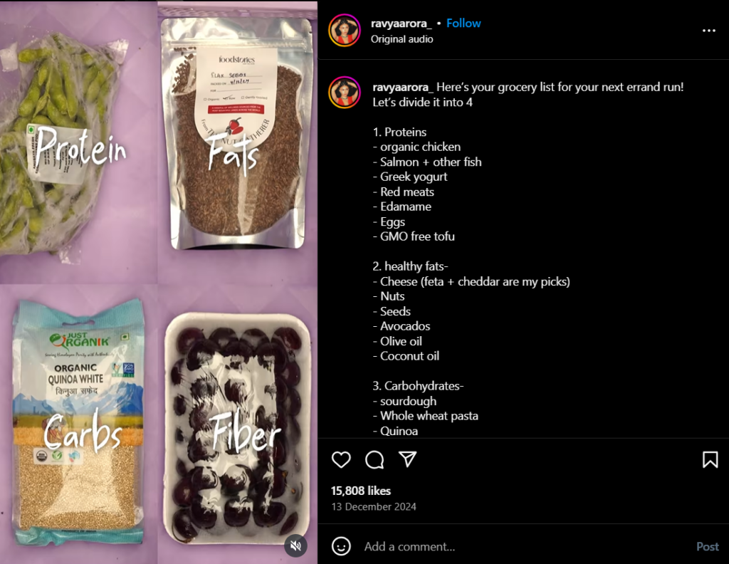 Grocery planning for a healthy meal Instagram reel idea