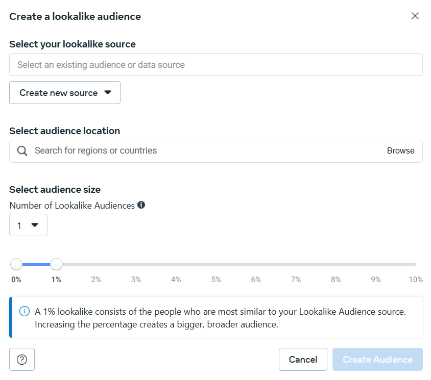 Lookalike audience setting up in Facebook ads manager