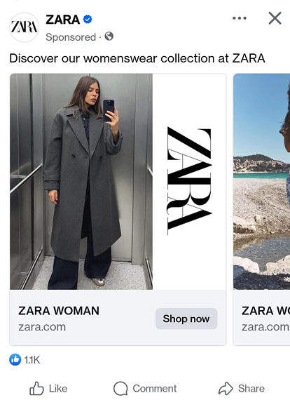Zara Facebok ad CTA example