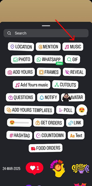Choosing a music sticker in Instagram to add music to story