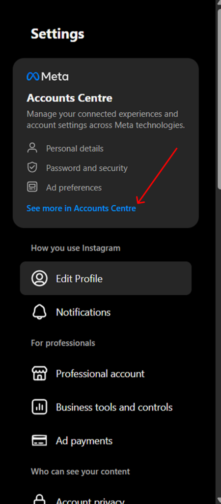 Accessing the accounts centre in Instagram