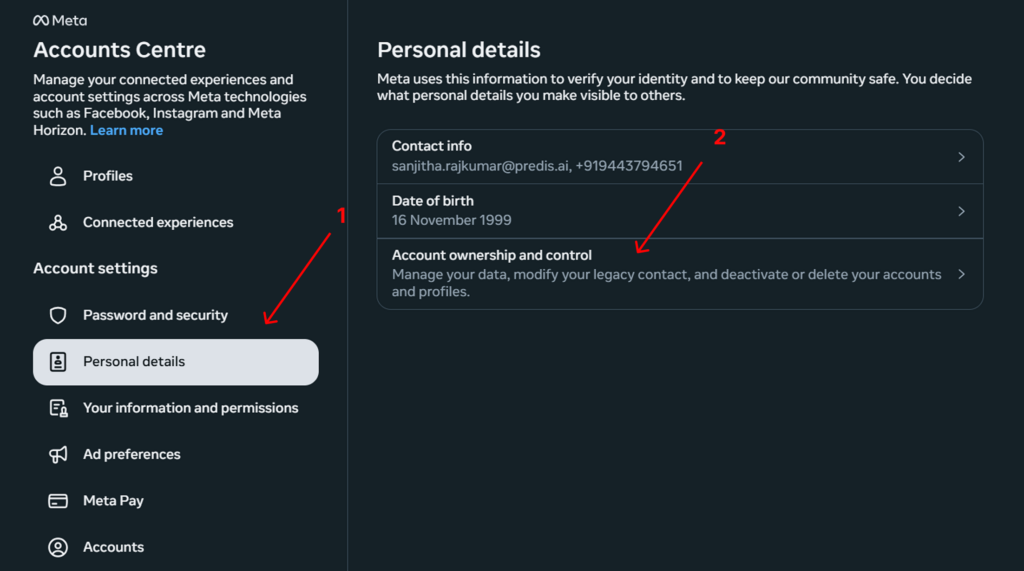 Choosing account ownership and control to deactivate the account