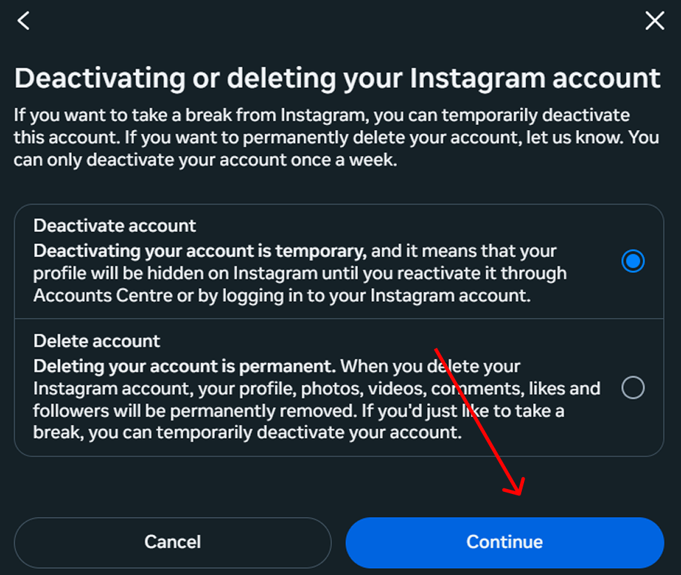 Deactivating or deleting an account in Instagram