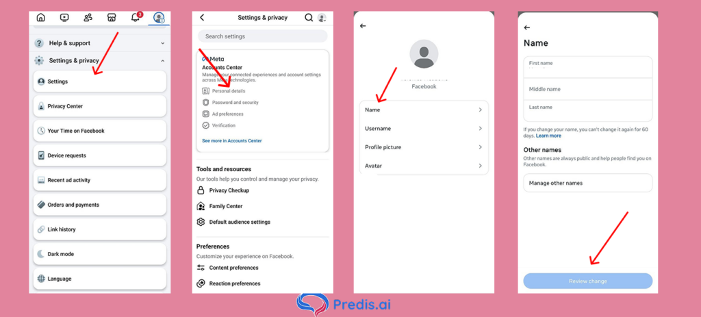 Changing the username in Facebook with an Android phone
